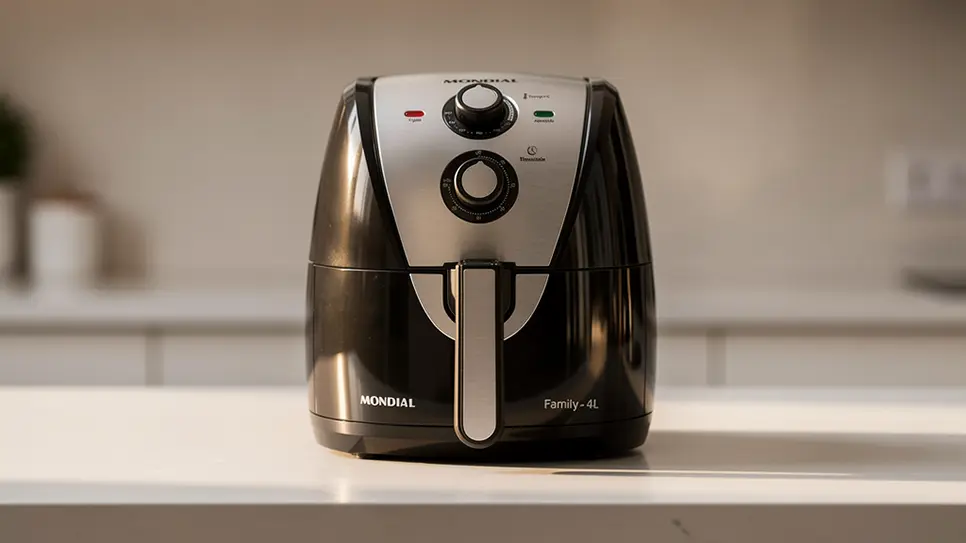 Air Fryer Mondial AFN-40-BI Family preta e inox em bancada de cozinha.