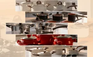 Colagem de diferentes conjuntos de panelas de cerâmica em tons de creme, preto, inox e vermelho, dispostas em camadas horizontais para um guia comparativo.