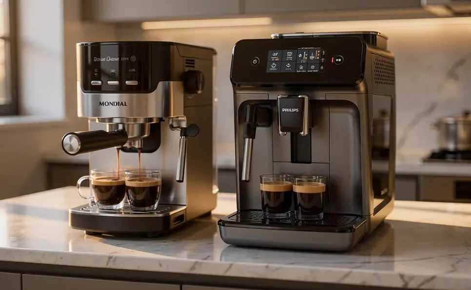 Comparativo de cafeteiras para substituir cápsulas: Mondial Dolce Crema (manual) à esquerda e Philips Walita Série 1200 (superautomática) à direita.