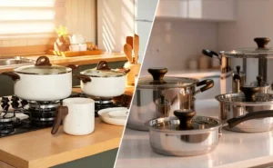 Comparativo visual entre o jogo de panelas Brinox Ceramic Life Smart Plus Vanilla (à esquerda) e o conjunto Tramontina Solar Inox com cerâmica (à direita).