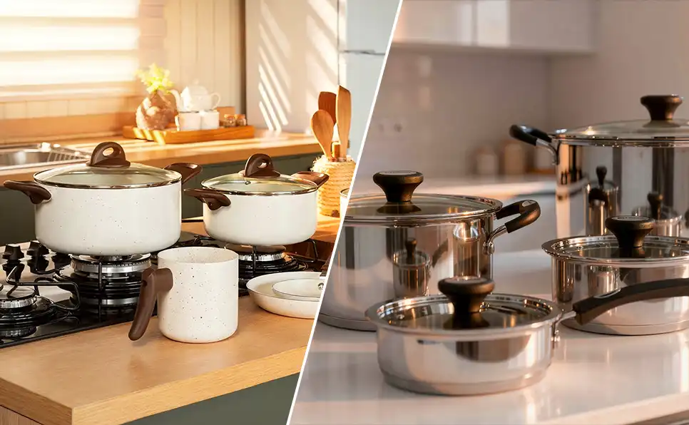 Comparativo visual entre o jogo de panelas Brinox Ceramic Life Smart Plus Vanilla (à esquerda) e o conjunto Tramontina Solar Inox com cerâmica (à direita).