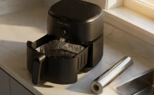 Airfryer Philips Walita preta aberta com o cesto forrado com papel alumínio, ao lado de um rolo de papel alumínio sobre uma bancada de mármore.