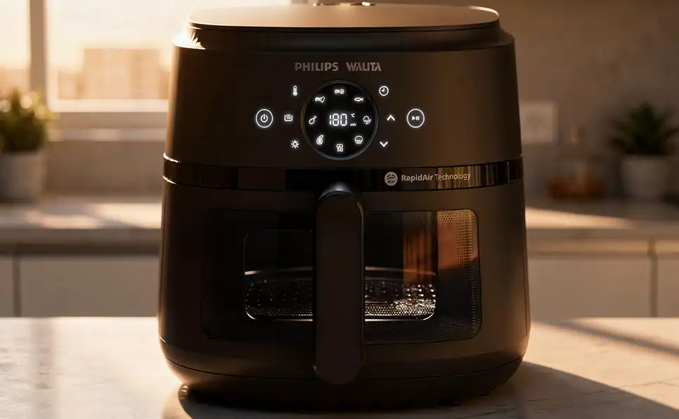 Airfryer Philips Walita Série 2000 XL preta com painel digital frontal iluminado e visor transparente para acompanhar o preparo dos alimentos.