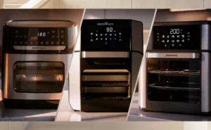 Comparativo de três modelos de Air Fryer Oven das marcas Philips Walita, Britânia e Mondial lado a lado.