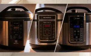 Comparativo de três modelos de panela de pressão elétrica das marcas Electrolux, Mondial e Midea lado a lado.