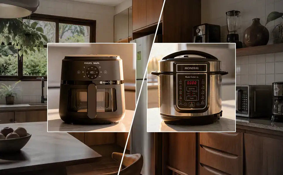 Comparativo entre Air Fryer e panela de pressão elétrica para decidir qual é o melhor eletroportátil para sua cozinha.