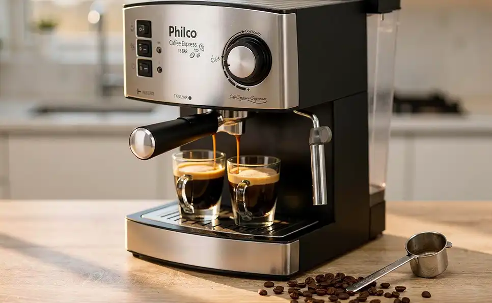 Cafeteira Philco Coffee Express 15 Bar em aço escovado preparando dois cafés expressos em xícaras de vidro sobre bancada de madeira.